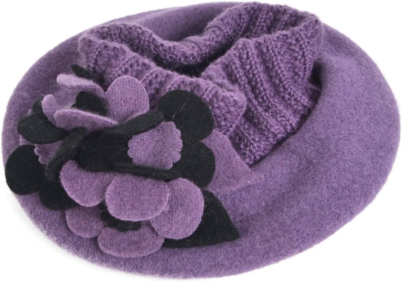 VECRY Lady French Beret 100% Wool Beret Floral Dress Beanie Winter Hat - Image 3